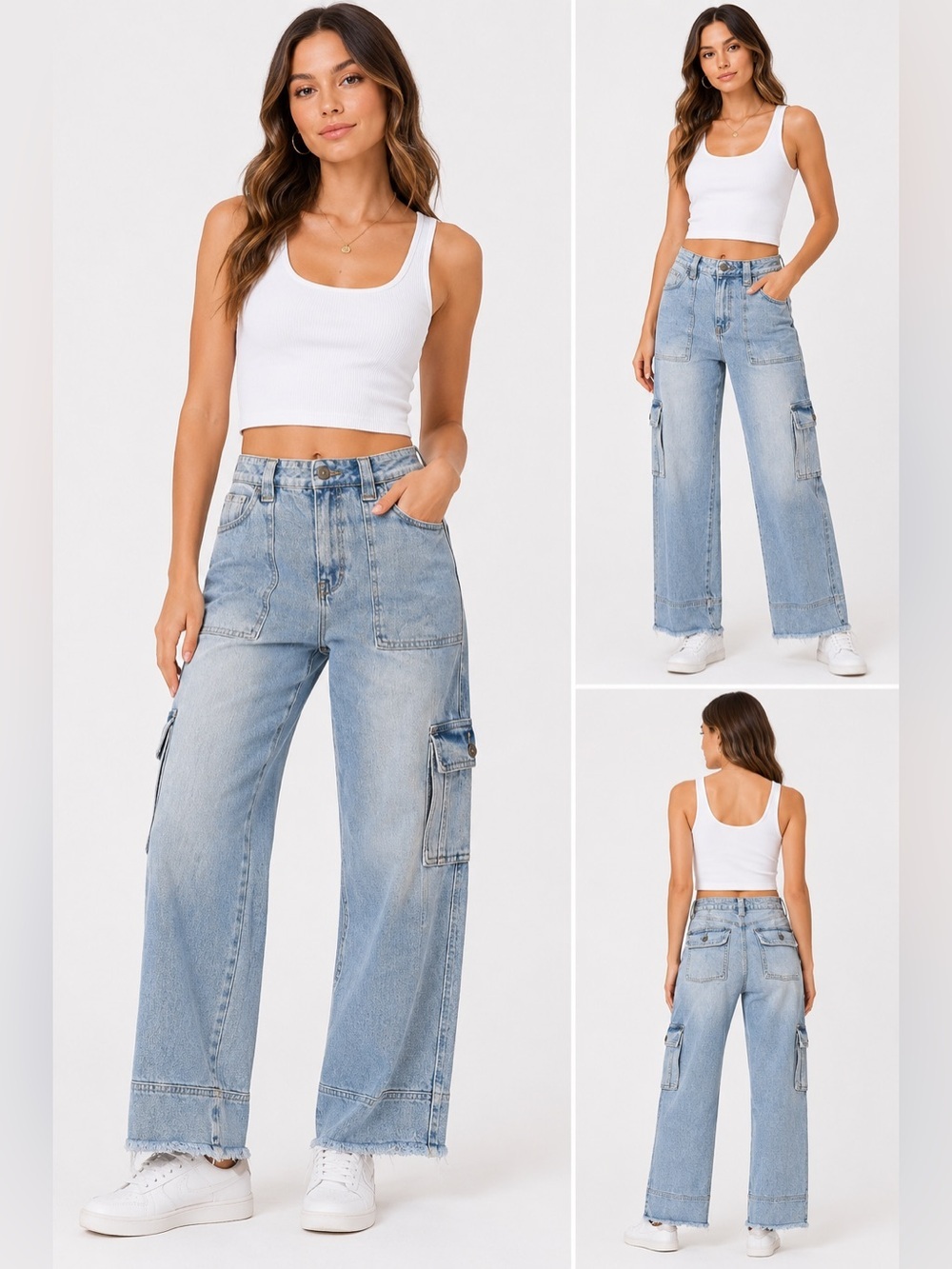 High-Rise Wide Leg Cargo Jeans - Light Blue